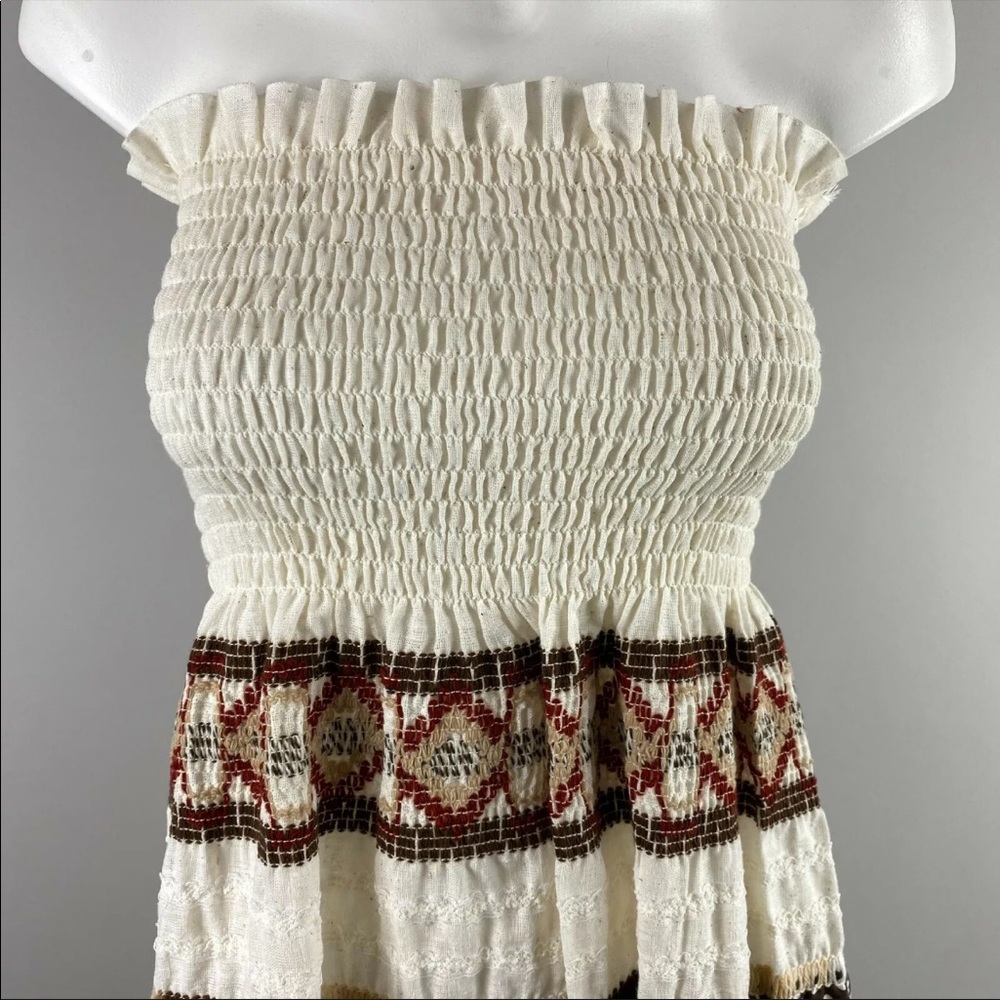 Vtg 70s Brown Tan White Dot Lace Ruffle Smocked Strapless Dress Boho S/M/L - Picture 2 of 5